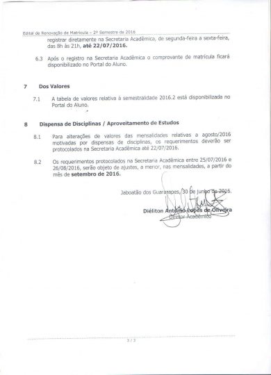 Edital de Renovação da Matrícula 2016.2